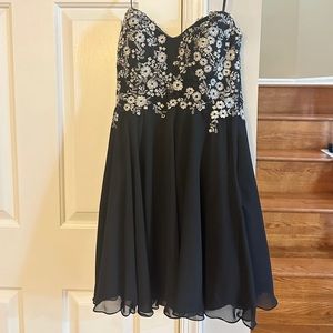 Faviana Black Short Dress with Silver Flowers